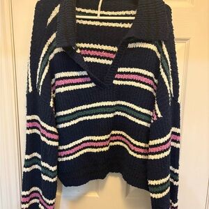 Free People Kennedy Pullover Navy V-Neck Striped Sweater with Pink & Green Trim